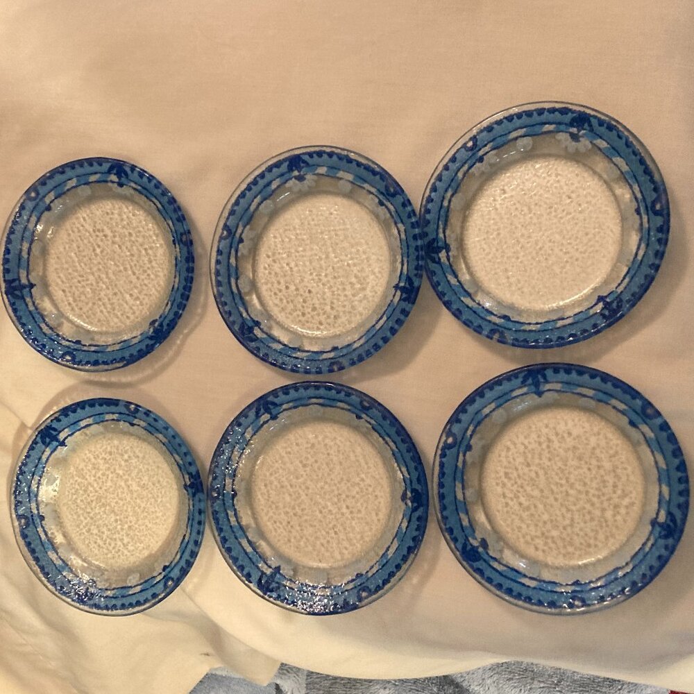Fused Glass Set of 6 plates-Blue & White Handpainted Florals on Back-3.5" D-EUC